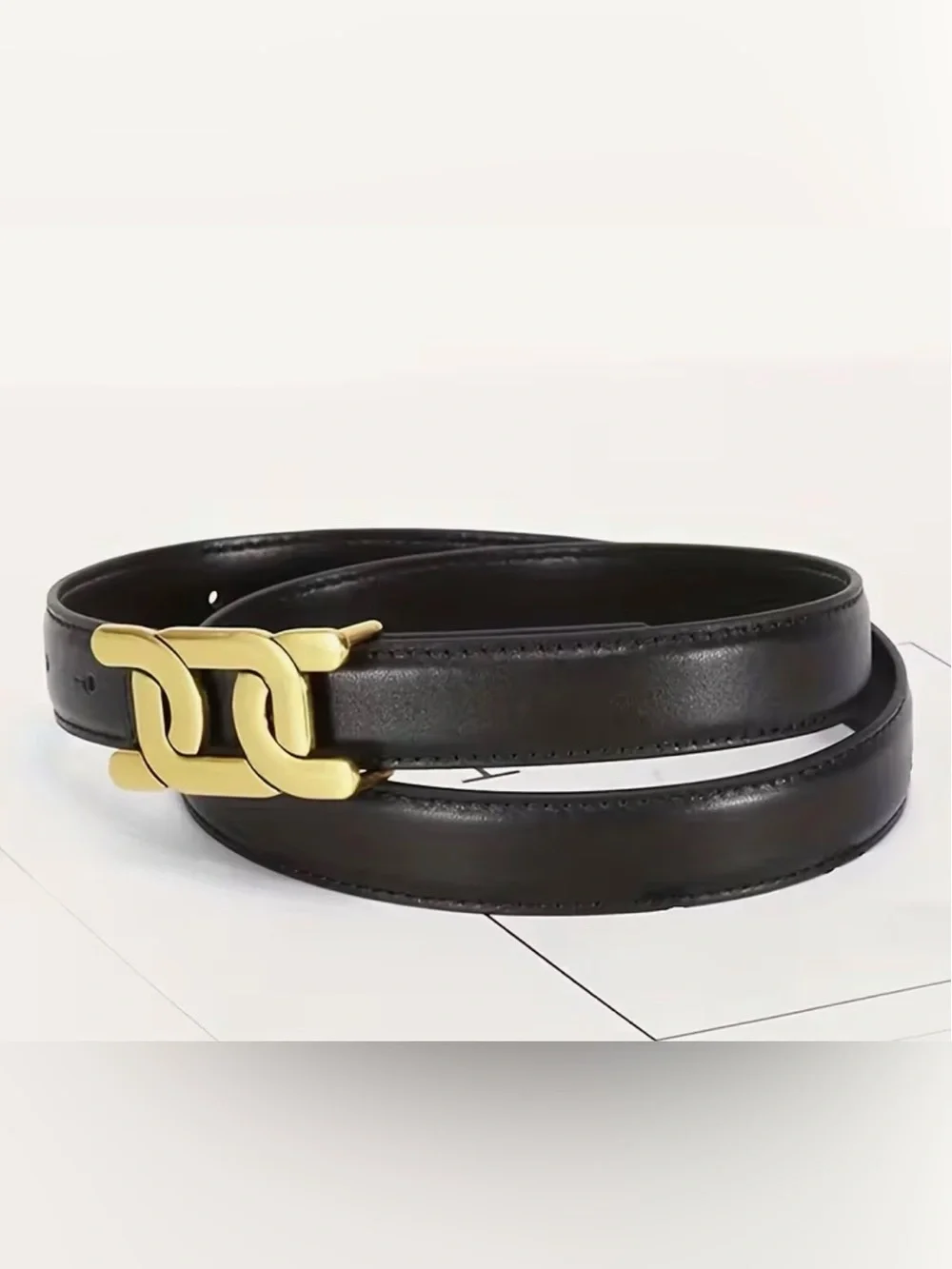 Black Leather Waist Belt with Gold Interlocking Buckle - Women